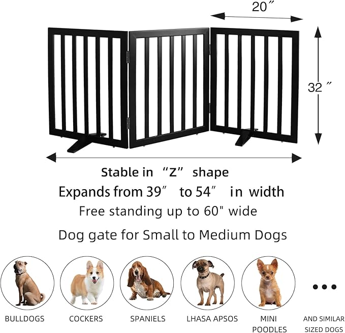 ZJSF Freestanding Indoor Dog Gate for House Foldable Wood Puppy Gate for Doorways Pet Gate for Stairs Extra Wide Pet Fence, Black, 32" Height 3 Panels