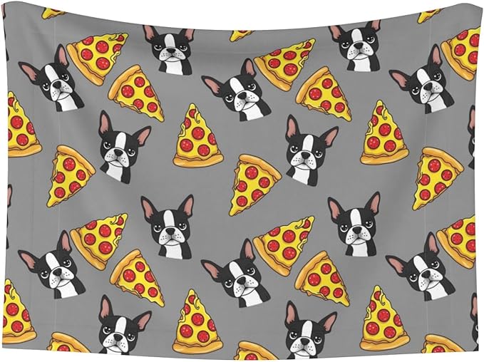 Reversible Plush Throw for Dogs and Cats, Grey Boston Terrier Dog Pizza, Double Sided Blanket with Nubby Dot Side and Sleek Side Ideal for Cuddling Nesting Security