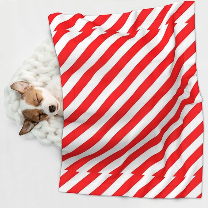 Double Sided Plush Pet Blanket for Small Large Animals, Red White Stripes Christmas Candy Cane, Reversible Throw with Dimpled Dot Side and Flat Side for Kennels Living Rooms