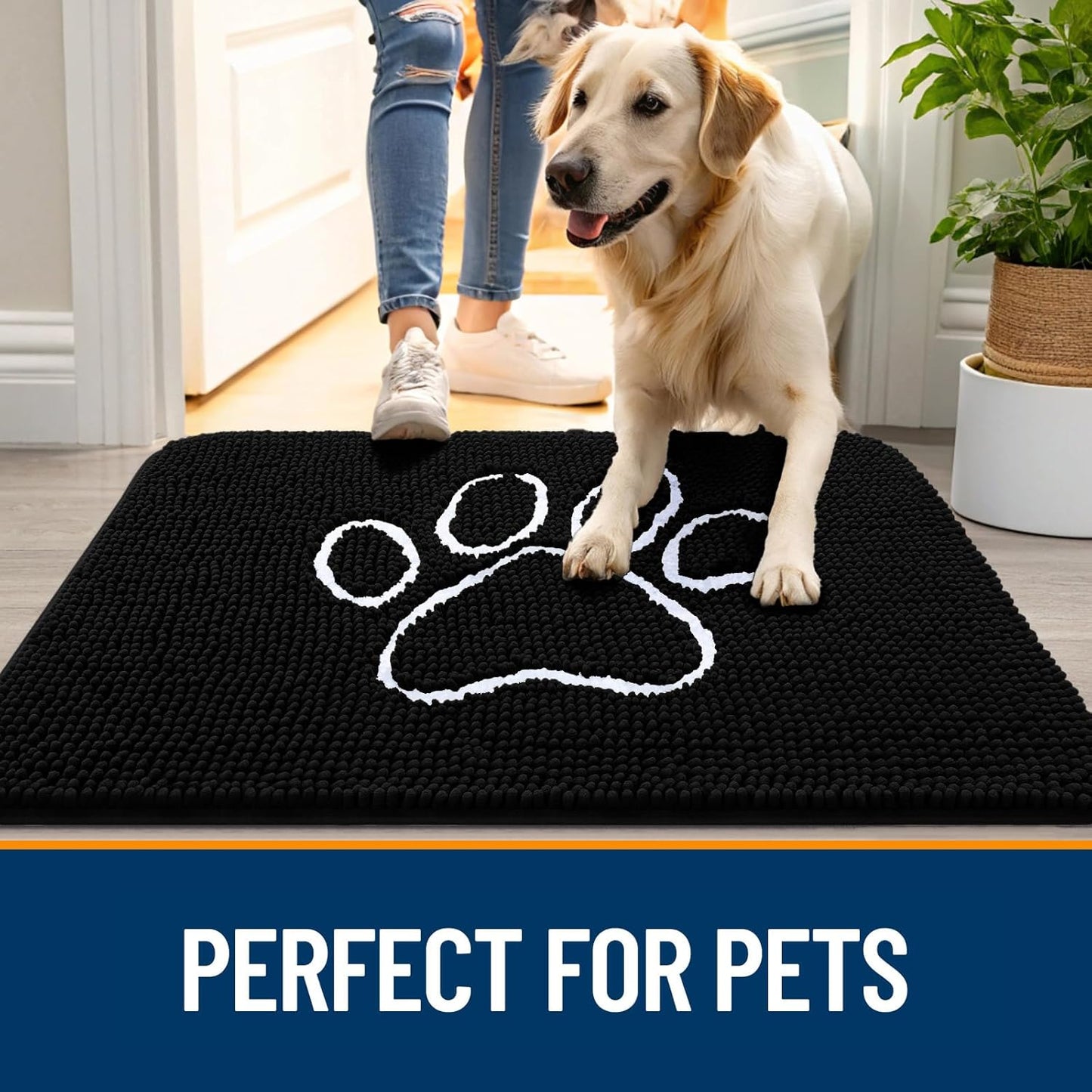 OLANLY Door Mat for Muddy Dog Paws 24x16, Ultra Absorbent Chenille Mud Doormat with Paw Print Design, Non-Slip Washable Doormat for Indoor Entryway, Quick-Dry Pet Bed Mats for Dirty Dogs, Black
