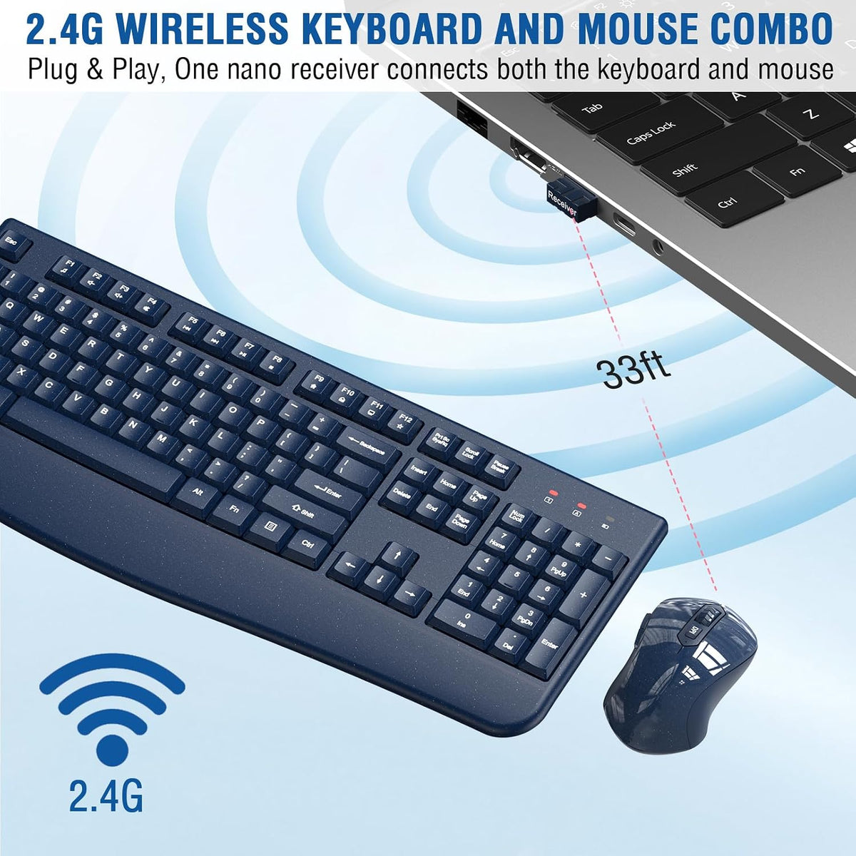 EDJO Wireless Keyboard and Mouse Combo, USB Plug & Play (Galaxy Blue)
