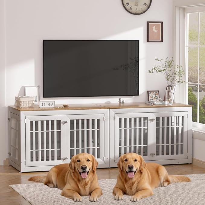 48" Heavy Duty Dog Crate Furniture for Small,Medium and Large Dogs,Rustic Wooden Dog Cage Kennel Indoor Furniture with Waterproof Top,Decorative Pet House Side End Table (White & Wood)