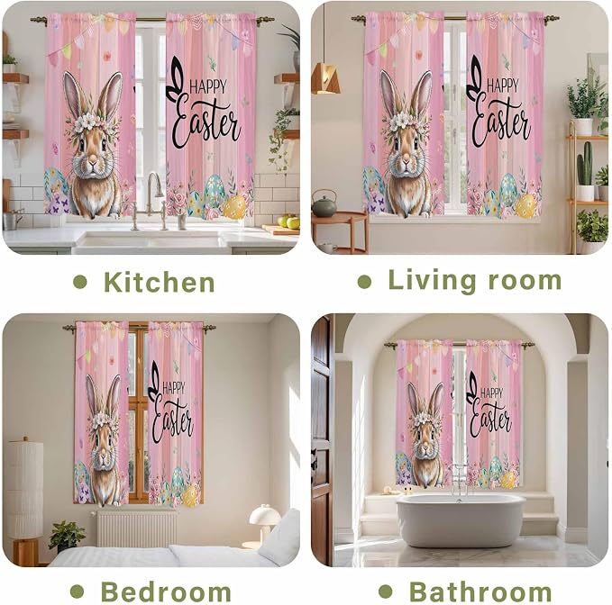 Easter Kitchen Curtains, Spring Rabbit Eggs Flowers Flags Leaves Wood Grain