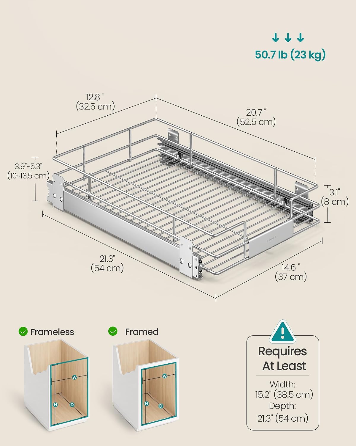 SONGMICS Pull Out Cabinet Organizer 14.6" W x 21.3" D, Easy Pull-Out