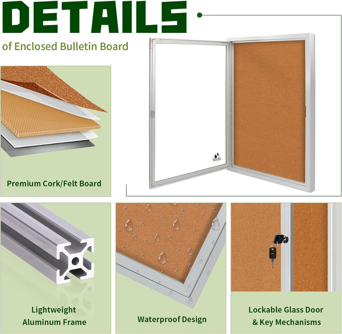 Lockable Outdoor Bulletin Board Weatherproof, Enclosed Cork Board 36x24in