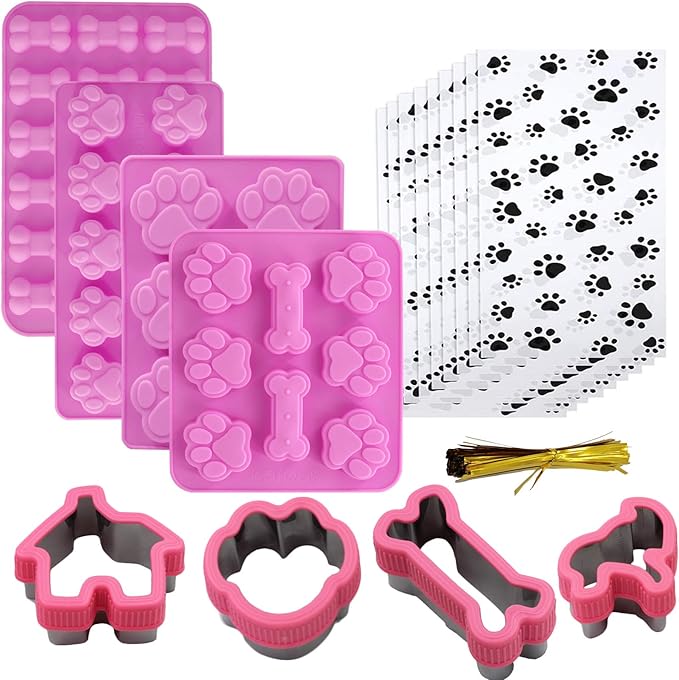 Dog Baking Supplies - Silicone Molds, Stainless Steel Puppy Paw Bone House Cookie Cutters, with 100 Pieces Dog Treat Bags for Homemade Chocolate, Candy, Jelly, Ice Cube, Doggie Treats