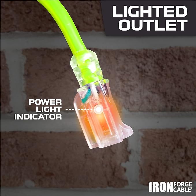 Iron Forge Cable Weatherproof 25 Ft Outdoor Extension Cord - 12/3 SJTW 15 Amp Heavy Duty Light Green High Visibility Cable with 3 Prong - Lighted End