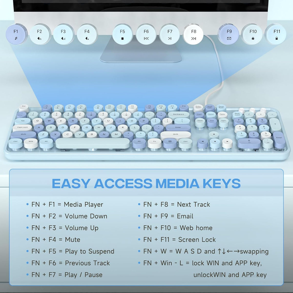 Dilter Wired Keyboard, Full-Sized Typewriter Keyboards, USB Plug and Play Office Keyboard with Number Pad, Caps Indicators, Foldable Stands for Windows, PC, Laptop, Desktop (Blue Colorful)