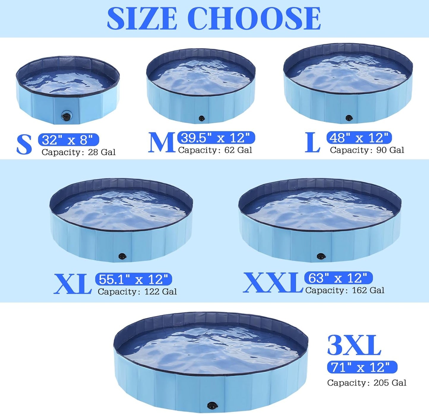 Foldable Dog Bath Swimming Pool Plastic Kiddie Pool Professional Tub Collapsible Grooming Bathtub for Pets Kids Baby and Toddler, 39.5 x 12 Inches Blue