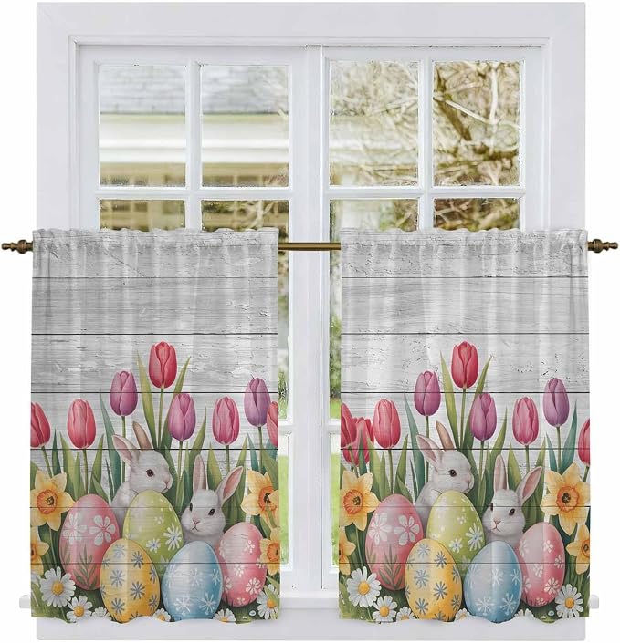 Easter Kitchen Tier Curtains 45 Inch Long 2 Panel Set, Rod Pocket Short Window