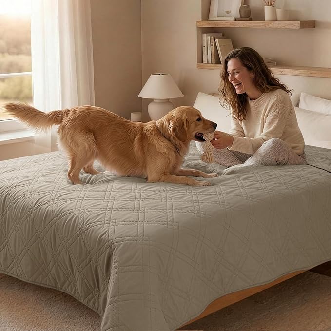 100% Waterproof Dog Couch Protector, Triple-Layer Waterproof Dog Bed Cover Pet Blanket Reversible 2-Tone Sofa Shield, Non-Slip Furniture Guard for Pets(68×82 Inch, Khaki+Khaki)