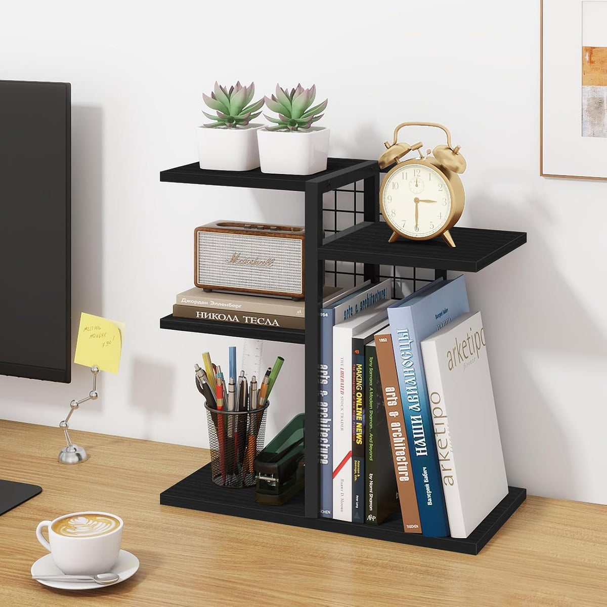 ELITEROO Desktop Bookshelf, 4 Tier Wood Desk Organizer Shelf, Tabletop Storage Shelf Rack for Office Supplies, Desk Decorations for Women Office, Rustic Black