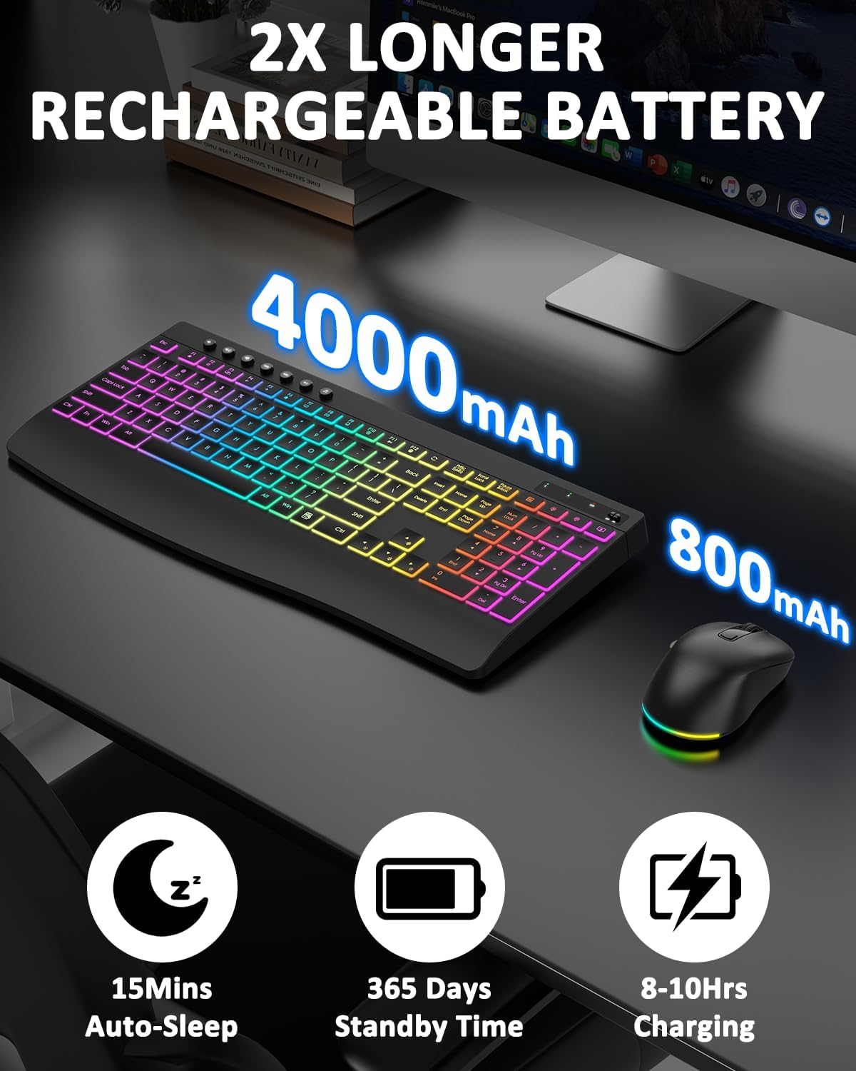Wireless Keyboard and Mouse Combo, 9 Backlit Effects, 4000mAh Rechargeable Backlit Keyboard with Wrist Rest, 6 Button Mouse, 2.4G Full Size Quiet Keyboard Set for Computer, PC, Laptop, Mac, Windows