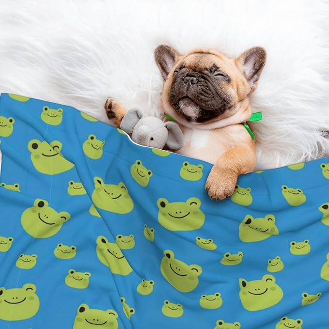 Reversible Plush Throw for Dogs and Cats, Colorful Pattern Adorable Frog Face Pattern, Double Sided Blanket with Nubby Dot Side and Sleek Side Ideal for Cuddling Nesting Security