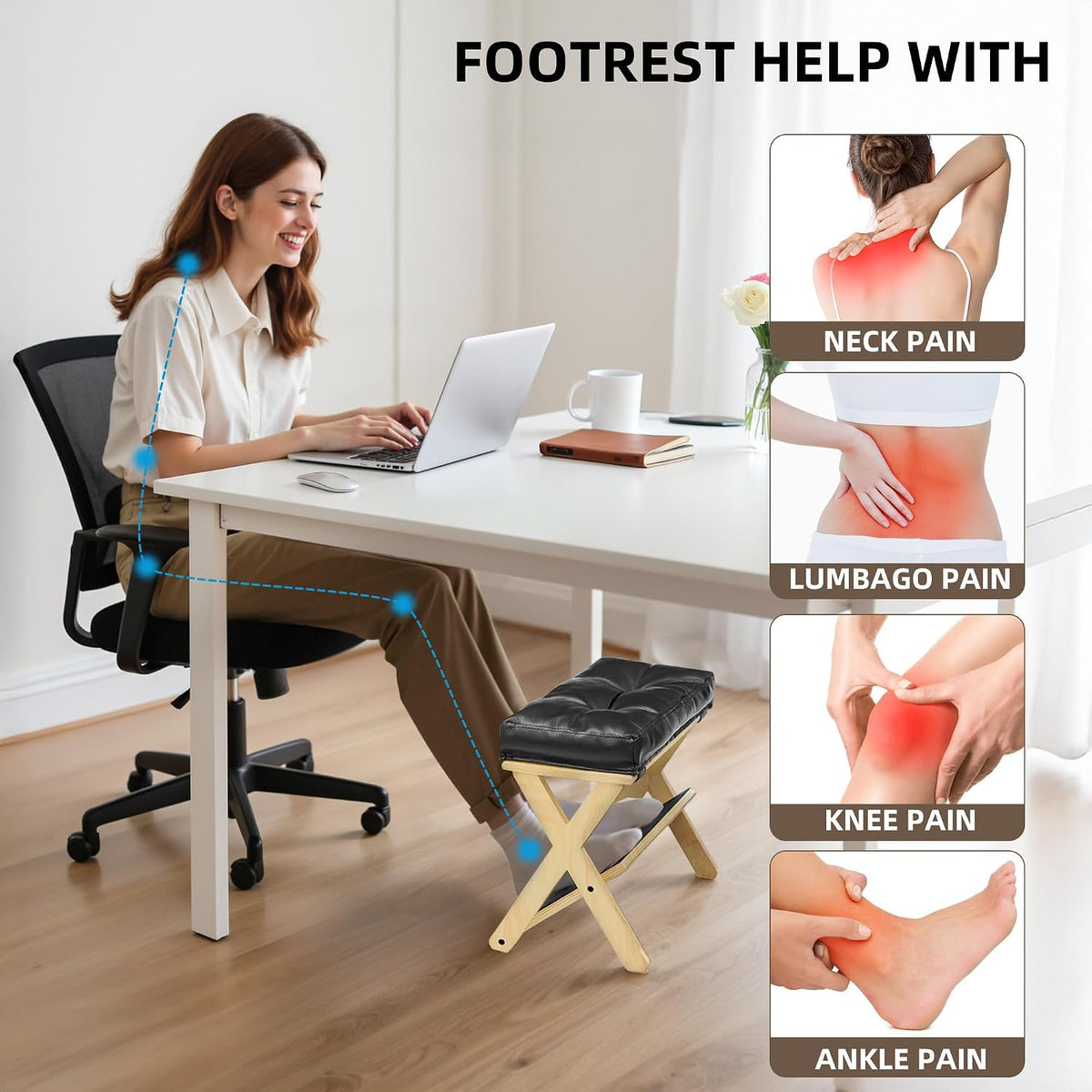 Foot Rest Under Desk at Work, Solid Wood Double Step Footrest