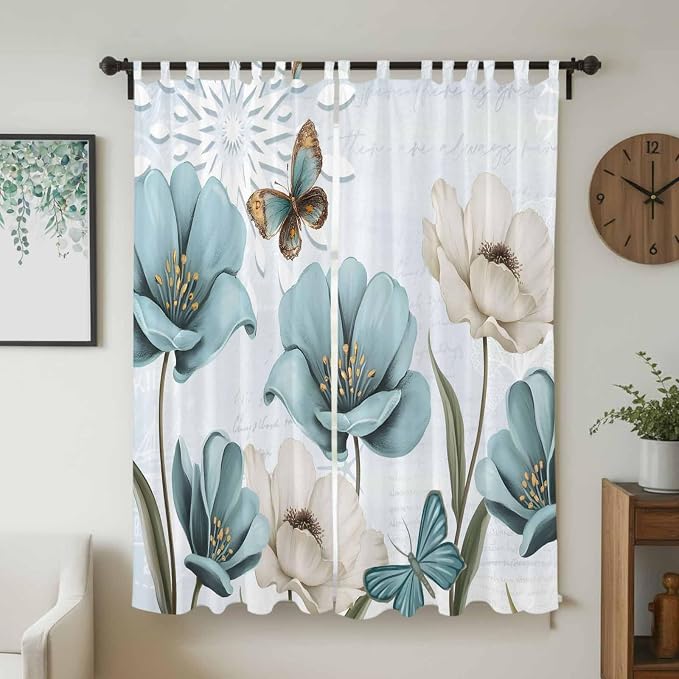 Blue Tulips Living Room Curtains 96 Inch Length, Window Curtains Tab Top