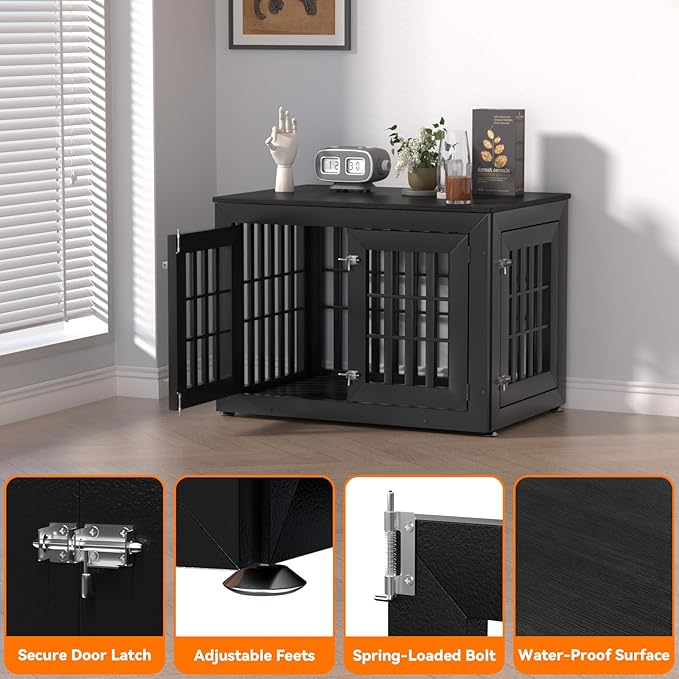 38" Heavy Duty Dog Crate Furniture for Small,Medium and Large Dogs,Rustic Wooden Dog Cage Kennel Indoor Furniture with Waterproof Top,Decorative Pet House Side End Table (Black)