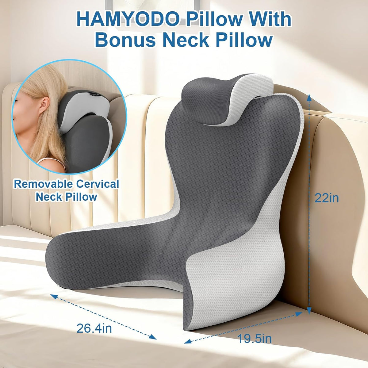 22" XL Reading Pillow Sitting in Bed,Back Support & Armrests(Grey&DarkGrey)