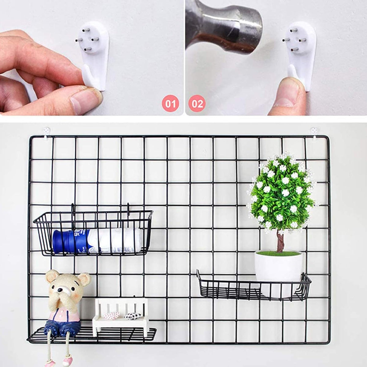 2 Pack Large Wall Grid Panels with Light and Clips, Photo Display Board, Picture Frame Collage Board, Wire Grid Wall Panel Room Decoration,Black