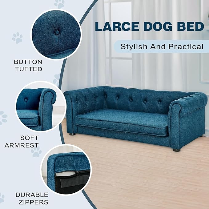 Dog Sofa Couch for Medium to Large Dogs, Memory Foam Dog Couch with Washable Fabric, Removable Cushion, Sofa Bed for Medium and Large Dogs, Blue