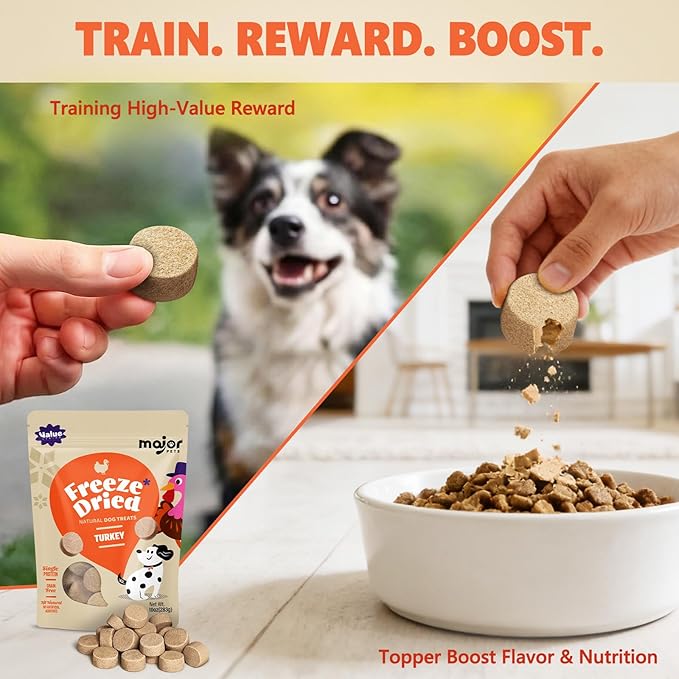 MAJOR PETS Freeze Dried Turkey Dog & Cat Treats, Quality High Protein, Hypoallergenic, Grain Free, Gluten Free, Human-Grade, Made in the USA, Easy to Digest for Training & Meal Topper, 10oz
