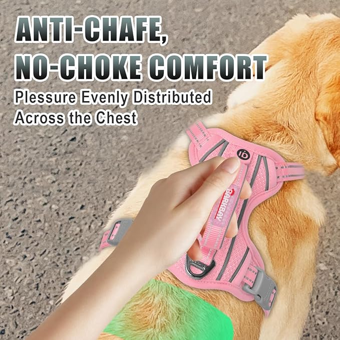 BARKBAY No Pull Dog Harness Large Reflective Dog Harness with Front Clip and Easy Control Handle for Walking Training Running with ID tag Pocket(Baby Pink,M)