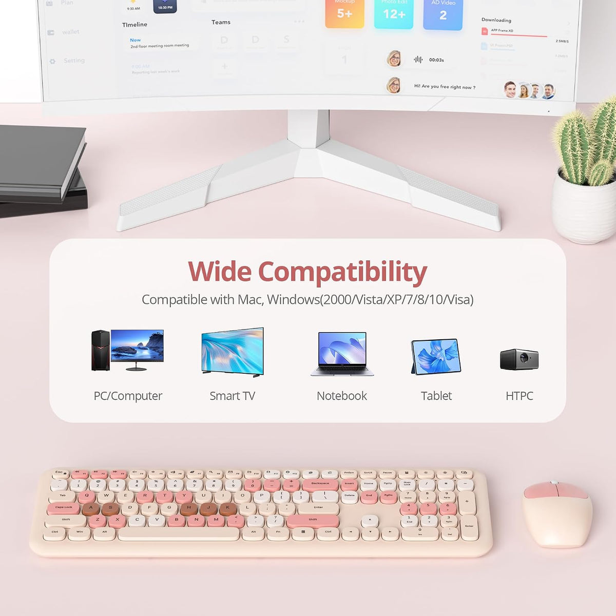 Wireless Typewriter Keyboard and Mouse Combo Retro 104 Key Full Size Office Set Milk Tea Keyboard with Silent Round Keycaps, Ideal for Laptop and Desktop PCs, Cute Design Keyboard (Milk Tea)