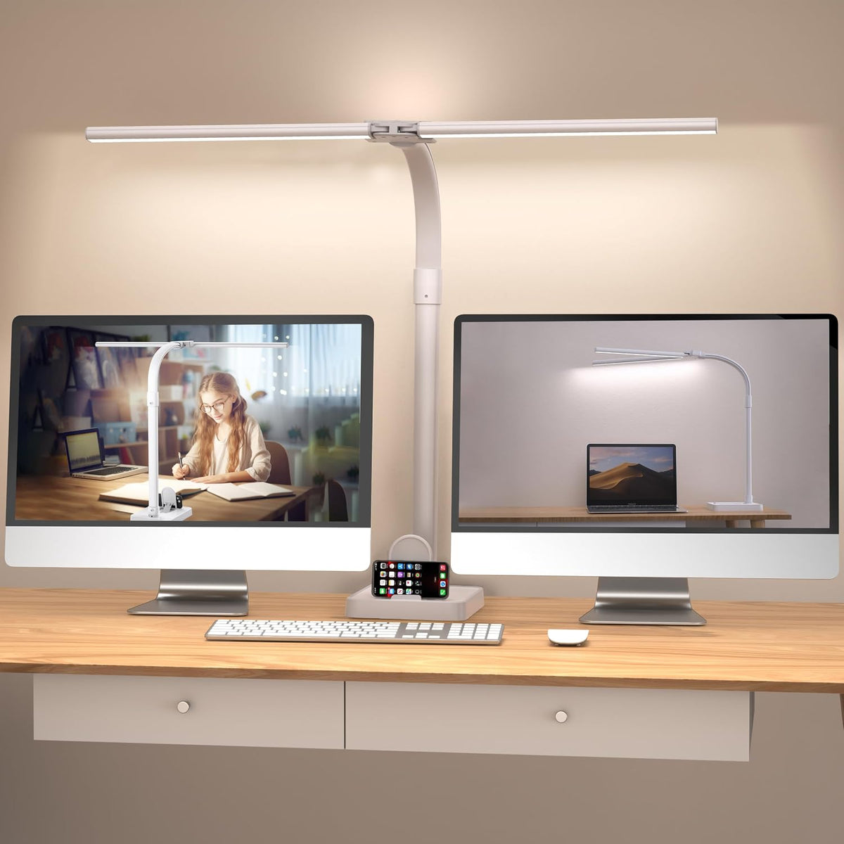 Double Head LED Desk Lamp, Architect Desk Lamps for Home Office, 24W Brightest Workbench Office Lighting-5 Color Modes and 5 Dimmable Eye Protection Modern Desk Lamp (White-Desktop, Big)