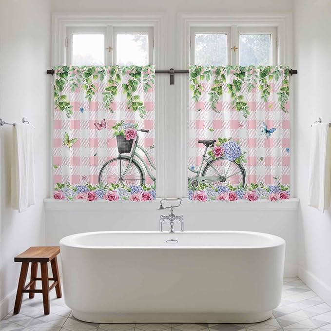 Spring Tier Curtains, Bicycles Leaves Butterfly Flowers Pink Buffalo Plaid