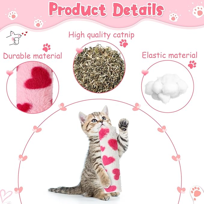 Civaner 6 Pcs Valentine's Day Cat Catnip Toys for Indoor Cat 10.6 Inch Kitten Kicker Stick Catnip Toy with Crinkle Sound Inside Interactive Soft Plush Kitten Pillow for Chew Exercise (Red White Pink)