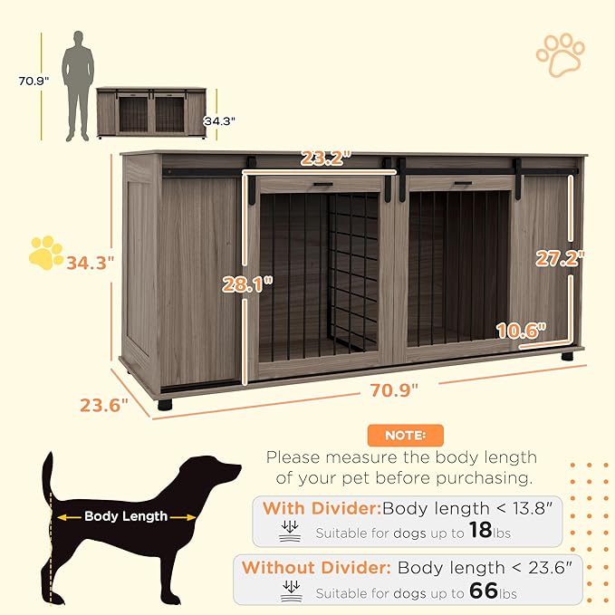 PawHut Dog Crate Furniture with Removable Divider for 2 Small Dogs or 1 Large Dog, 71" Modern Kennel Furniture End Table with Storage, Double Doors, Walnut