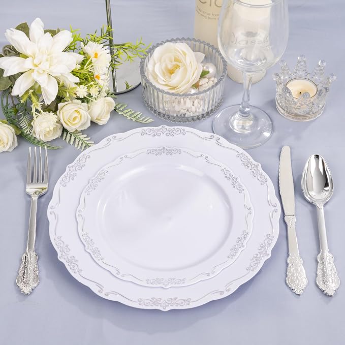 DaYammi 60PCS White and Silver Plastic Plates, Heavy Duty White and Silver