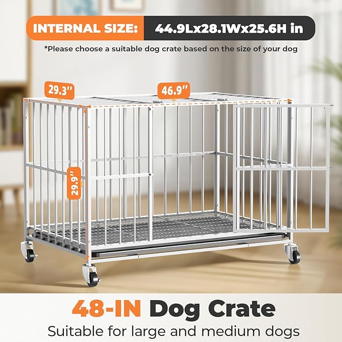 White 48 in Heavy Duty Dog Crate Steel Escape Proof, Indoor Double Door High Anxiety Cage, Removable Tray, Kennel with Wheels,XL XXL