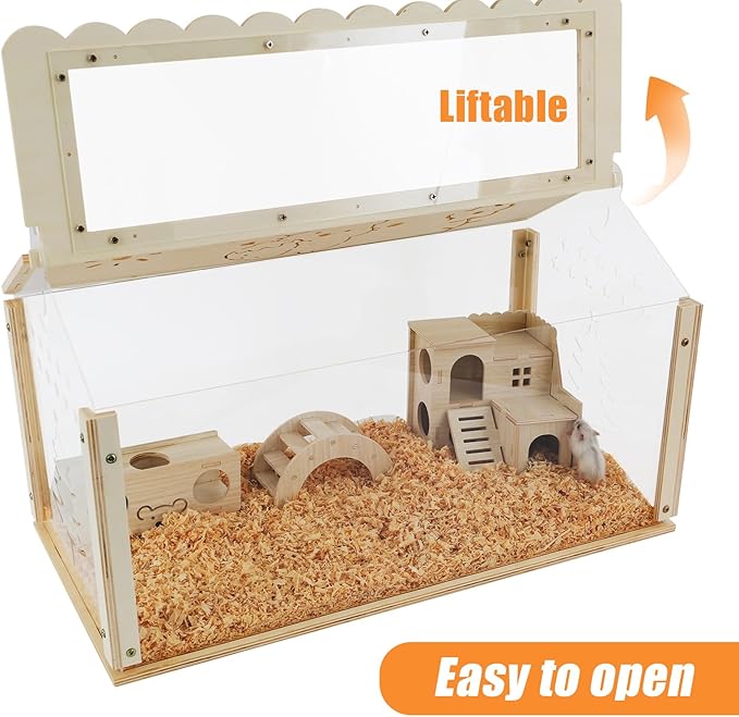 Hamster cage Wooden with Acrylic, Dwarf Hamster cage, Small Animal Habitat with Openable Top, Mouse cage for Guinea Pigs, Chinchillas, Gerbil, Syrian Hamster (31inch no Moon)