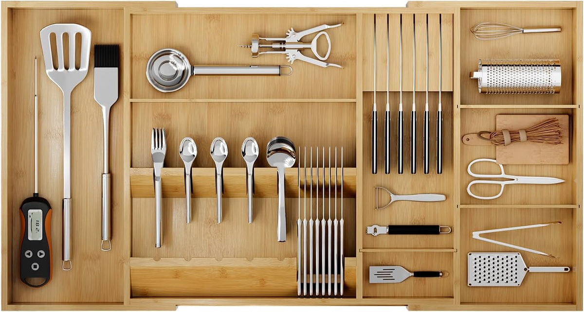 Bamboo Silverware Drawer Organizer, 17.72-29.53 Inch Expandable Large Kitchen Drawer Organizer, 5-8 Slot Flatware with Removable Card Slots & Knife Block for Spoon Butter Knive, Natural