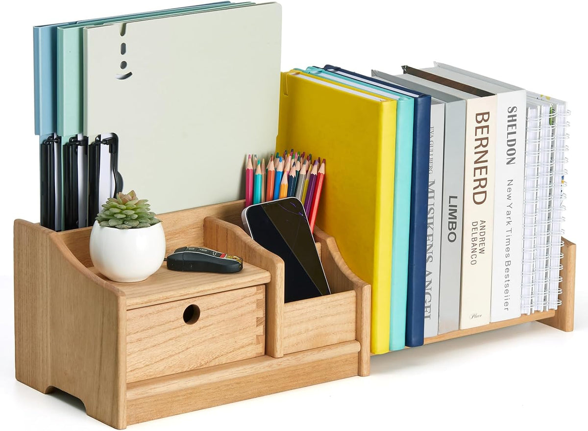 KIRIGEN Wood Desktop Bookshelf with Drawer, Expandable Desk Shelf, Natural