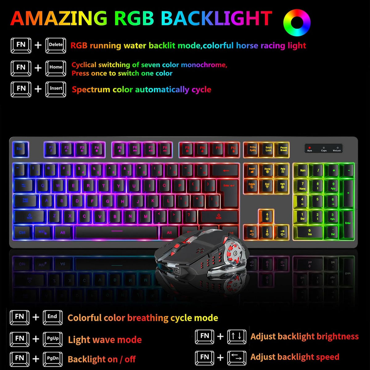 Wireless RGB Gaming Keyboard and Mouse - Rechargeable RGB Backlit,Long Battery Life,Mechanical Feel,7 Color Gaming Mouse for PC Game and Work