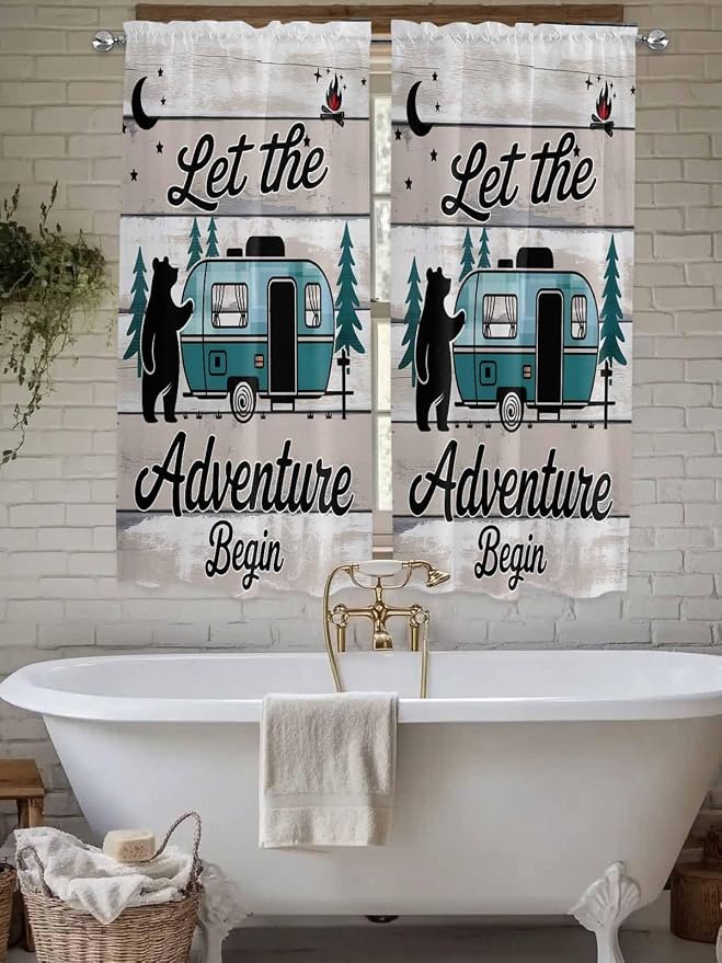 Farmhouse Bear Camper Van Tree Window Valance Curtains, Vintage Wood Grain