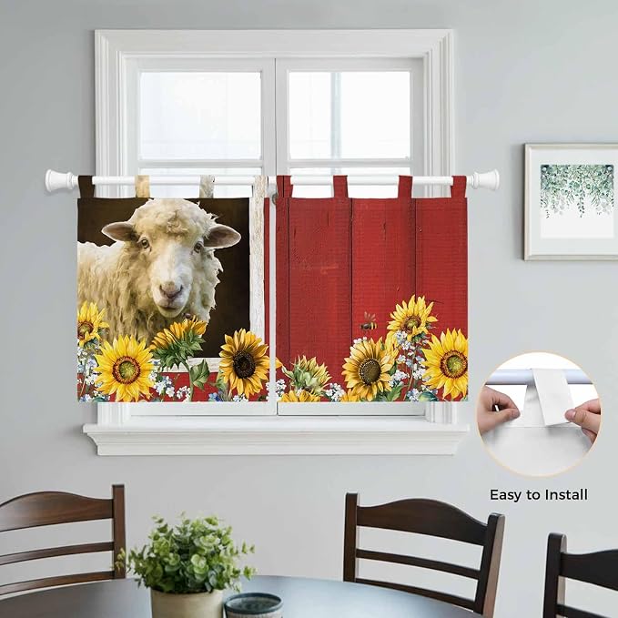 Sheep Flowers Kitchen Curtains 36 Inch Length, Small Window Curtains Tab Top
