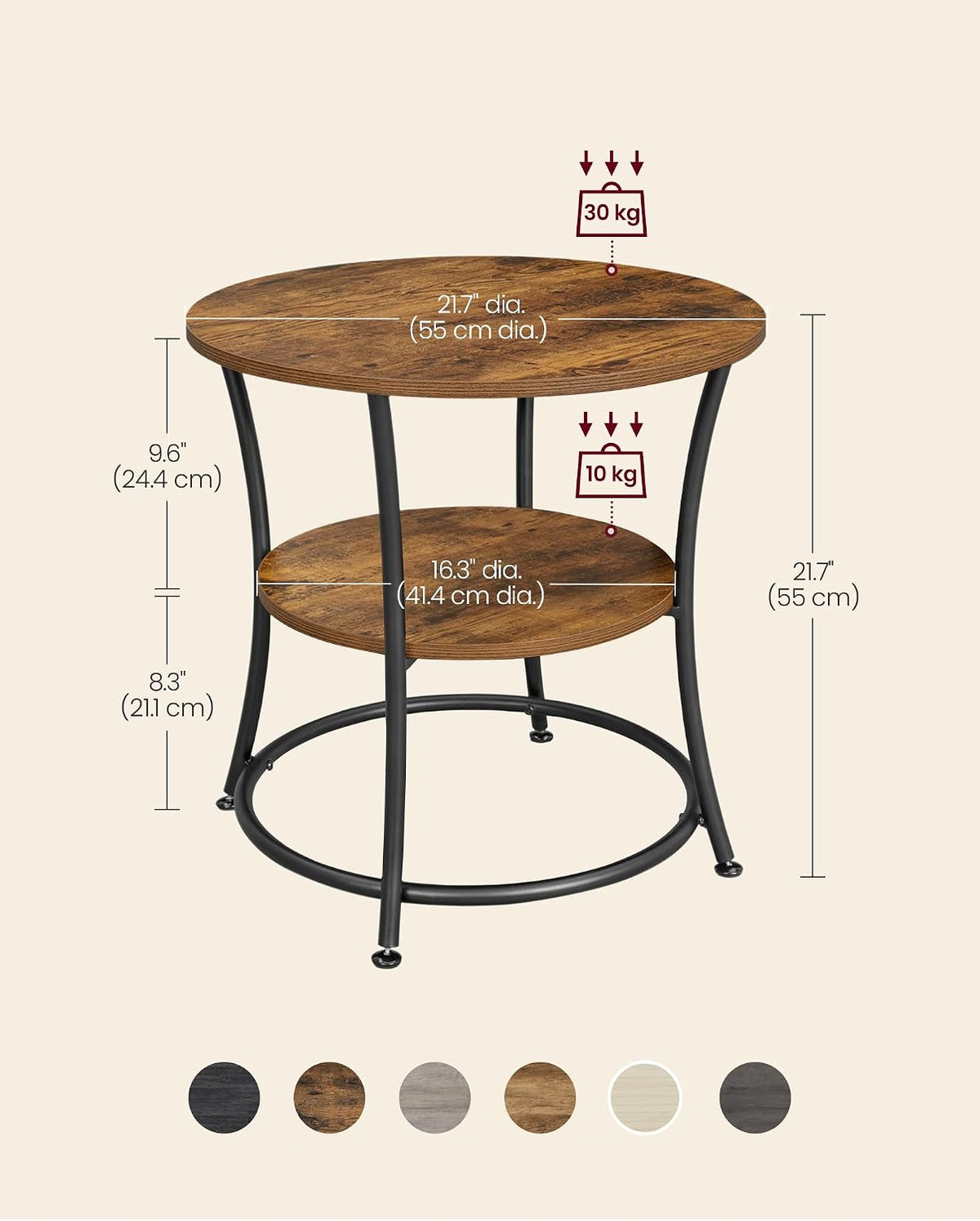 VASAGLE Side Table, 2-Tier Round End Table with 2 Storage Shelves