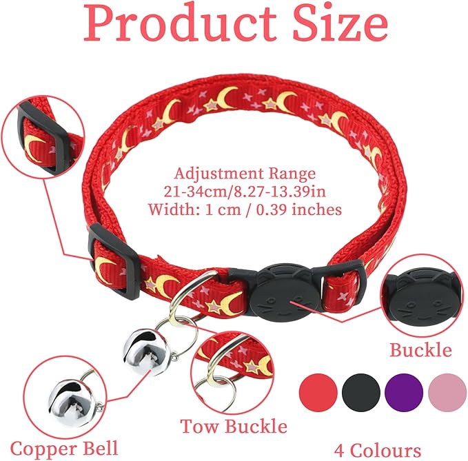 Jeffdad 4Pcs Cat Collar with Bells, Breakaway Cat Collars Kitten Collar Moons Stars Cute Kitty Safe Kitten Collars for Kitten Cats-Adjustable 8.3-13.4 Inch