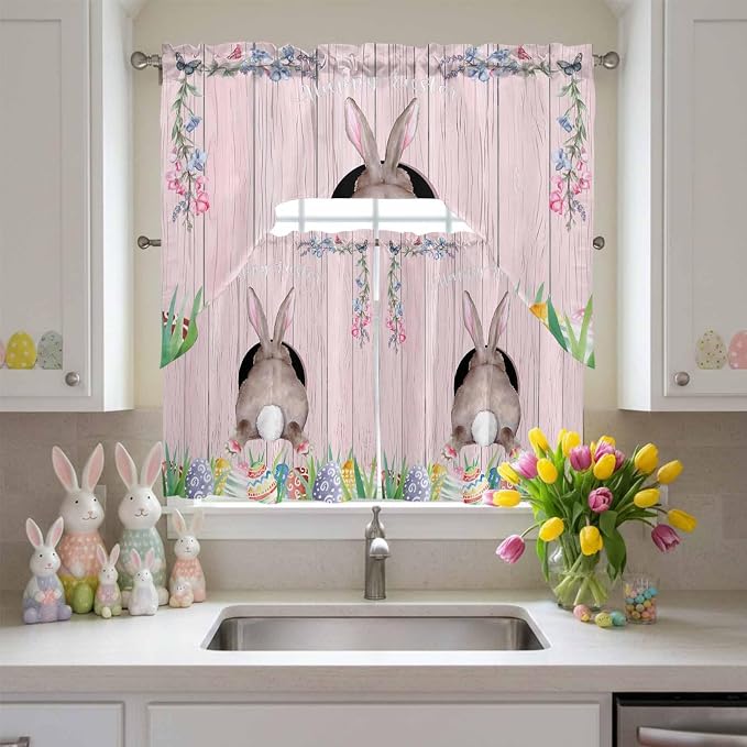 Swag Valance Curtains, Easter Cute Rabbit and Colorful Eggs Rod Pocket Valances