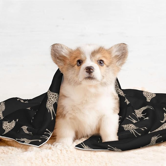 Double Sided Pet Mat for Dog Bed Topper Cat Blanket Furniture Protector, Giraffe Leopard Print On Black, Reversible Plush with Tactile Dot Pattern for Style Change