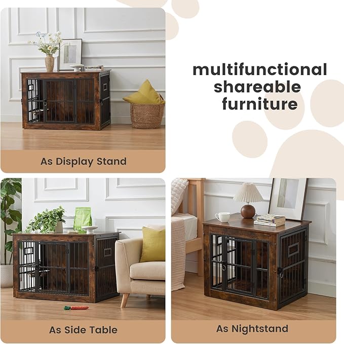 27 Inch Heavy Duty Dog Crate Furniture for Puppy/Small Dogs, Decorative Pet House End Table with 3 Doors, Wooden Cage Kennel Furniture Indoor, Rustic Grey - Without Bowls