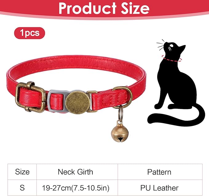Red Cat Collar, Breakaway Leather Cat Collar Adjustable Red Kitten Collars with Bell Quick Release Buckle for Most Cats and Kittens