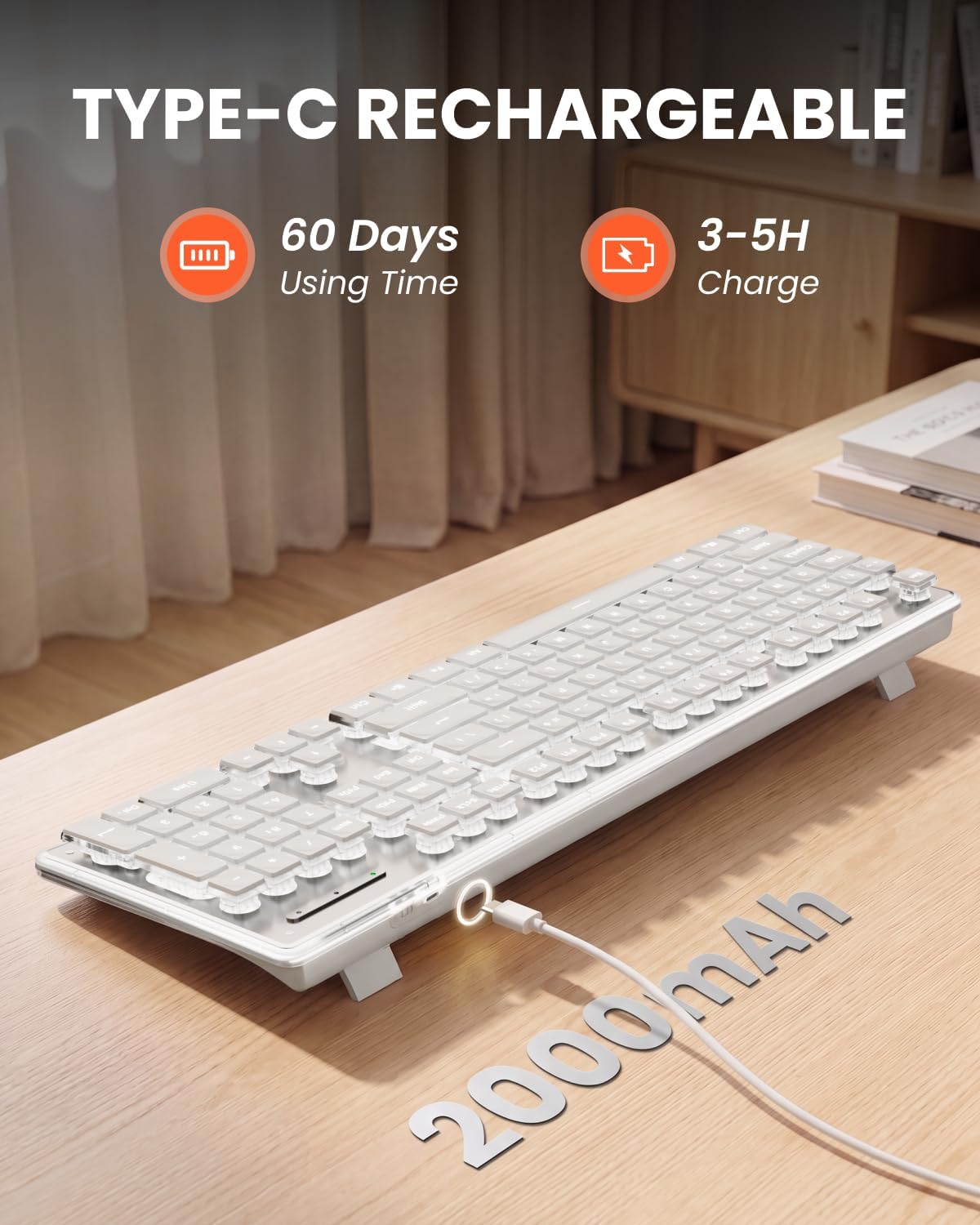 Wireless Keyboard with White Backlit, Quiet, Rechargeable, 2.4GHz, White