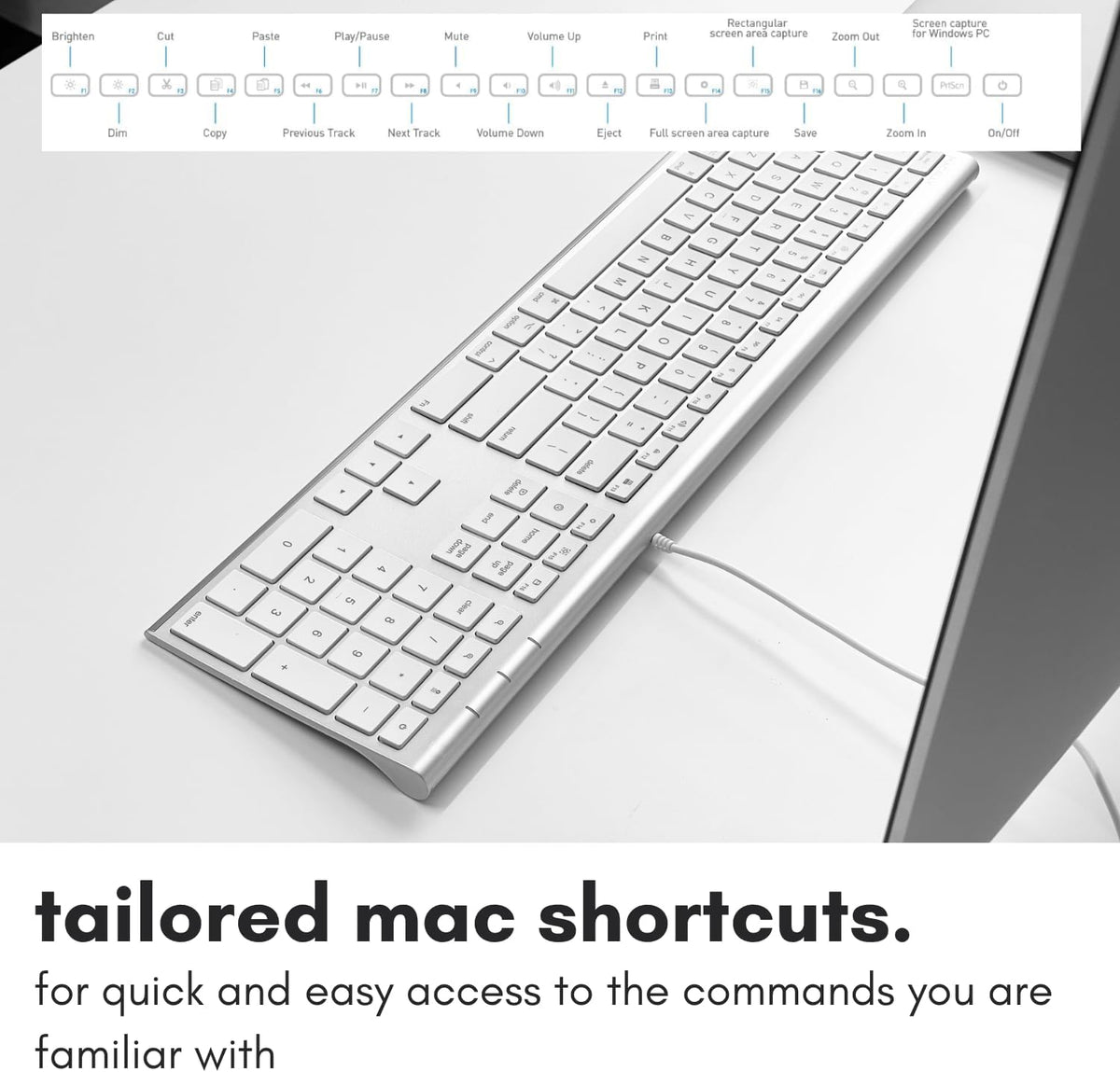 Macally Ultra Slim USB Wired Computer Keyboard - Compatible Apple Keyboard or Windows - Full Size with 20 Mac Keyboard Keys -with Numeric Keypad - Silver Aluminum Finish