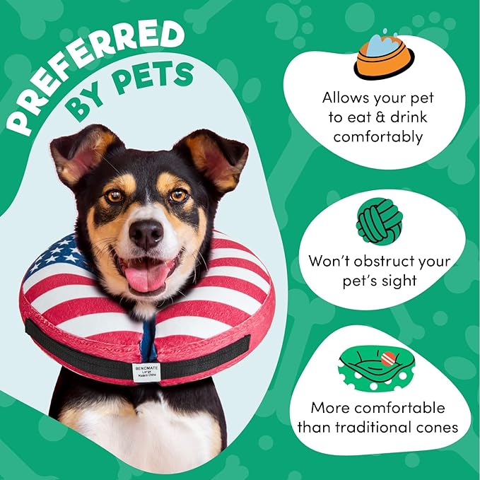 BENCMATE Inflatable Dog Cone Collar Alternative, Soft Dog Cone for Small Medium Large Dogs and Cats, Neck Recovery ECollar Donut Collar After Surgery (Large, Flag)