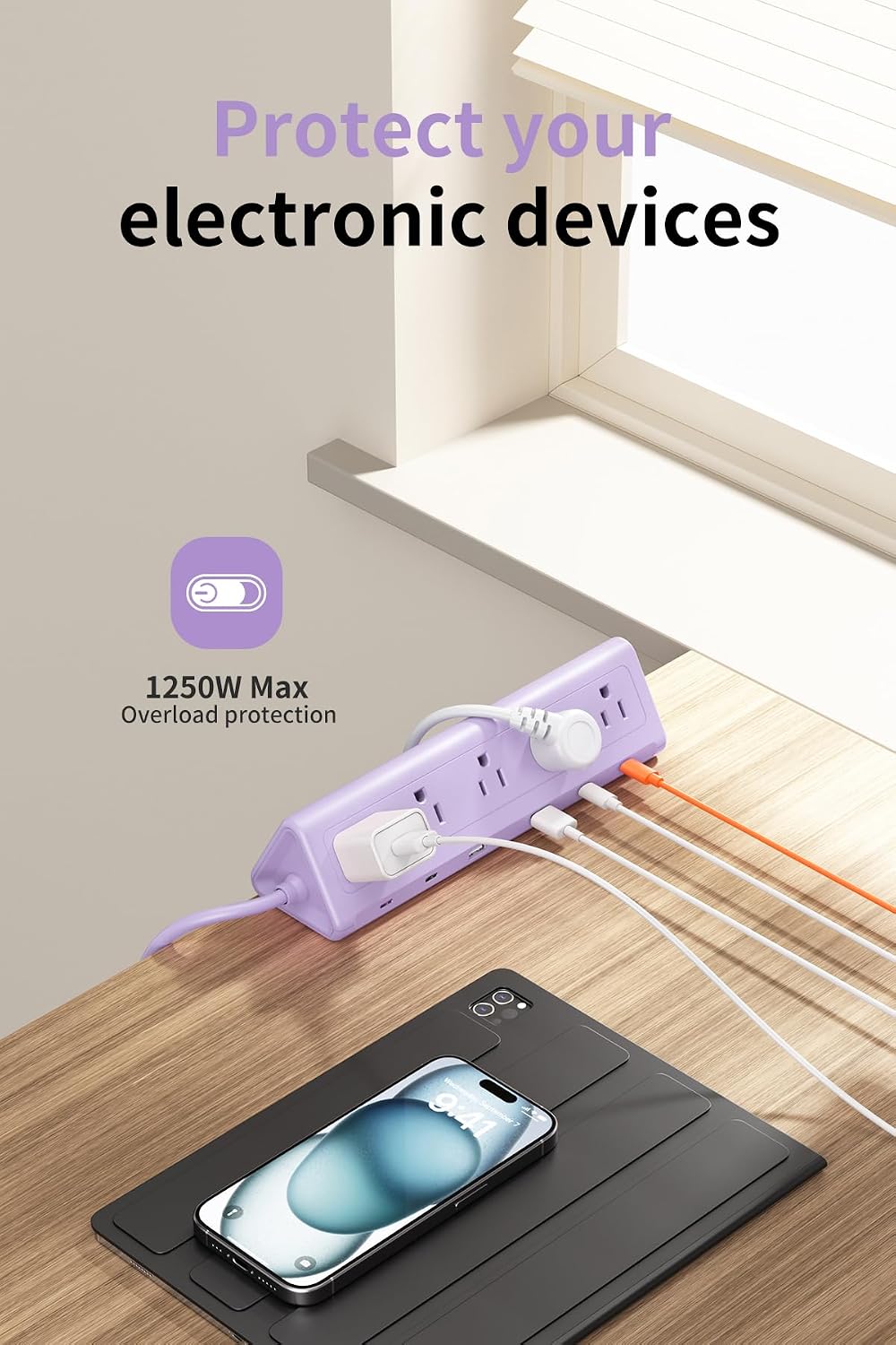 AnnTane Desk Clamp Power Strip USBC, 40W Fast Charging, 6.5 Ft, Purple
