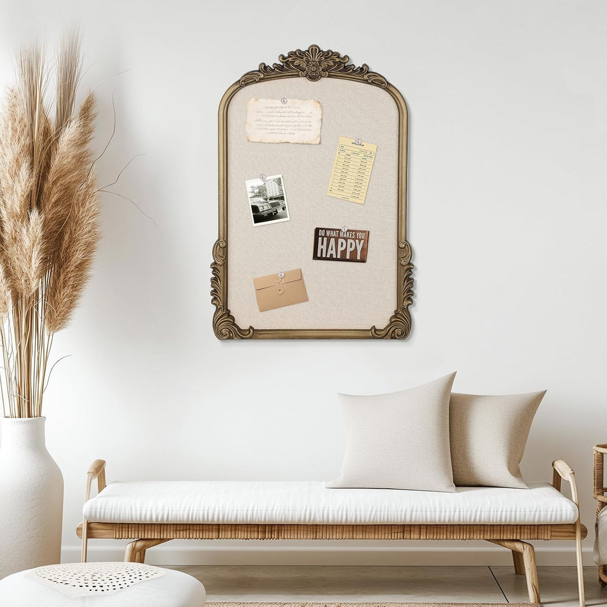 Arch Fabric Pin Board, 19" x 27" Vintage Bulletin Board with Gold Frame